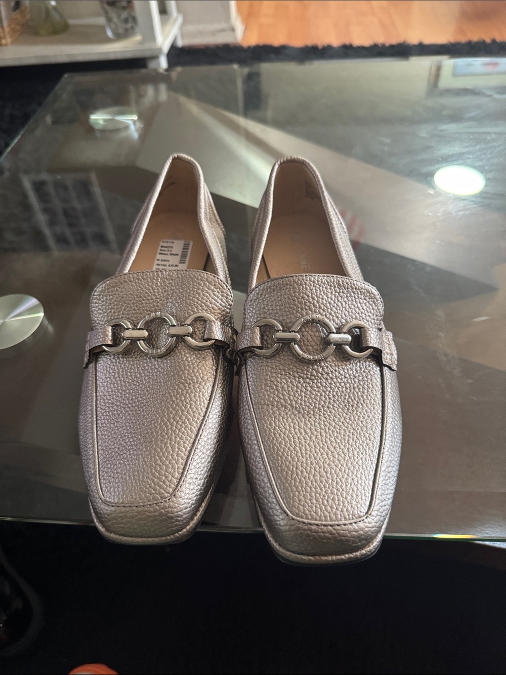 Anne Klein Metallic Silver Pebbled Leather Loafers with Chain Accent